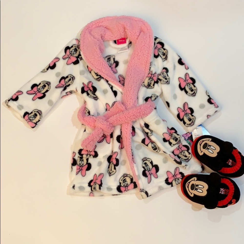 Fleece Minnie Mouse robe and Mickey slippers.
